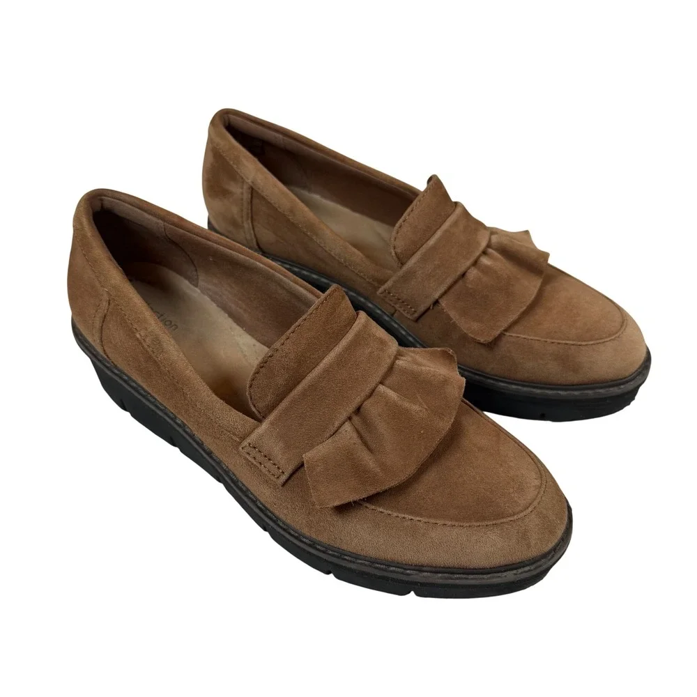 Clarks Airabell Slip On Tan Brown Suede Ruffle Wedge Loafers Comfort Shoes Sz‎ 9